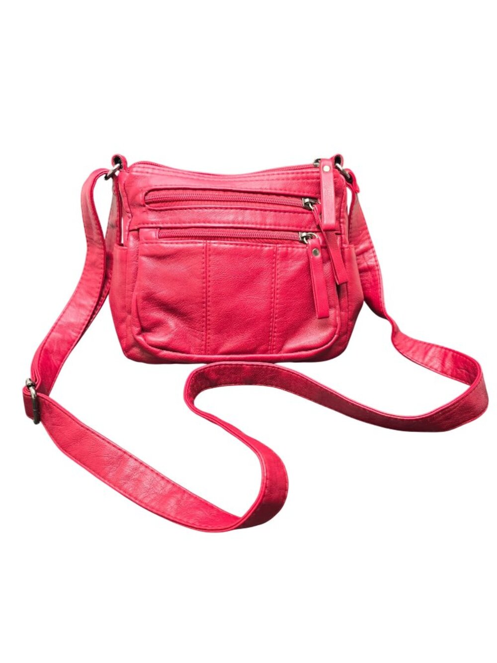 Red Leather Shoulder Bag Volcanik Rock Multiple Zipper Compartments JJ4274